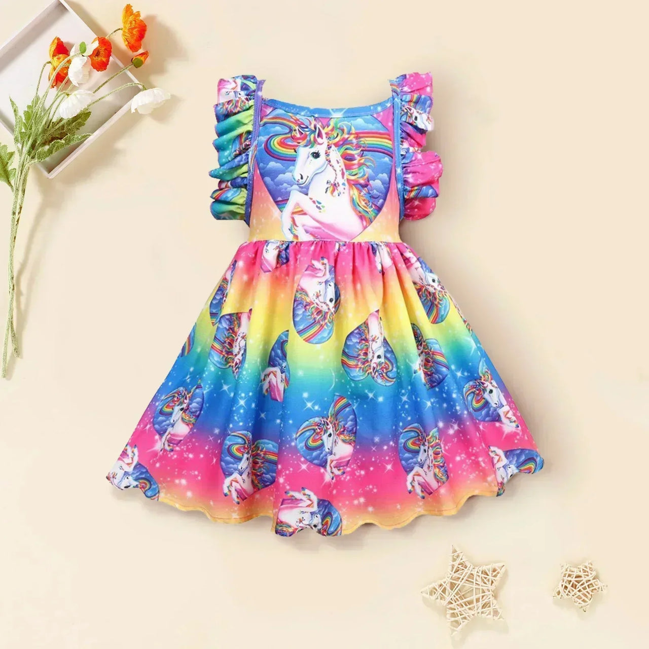 Medium and Large Kids Horse Multicolor Print Lace Sleeve Girls Dress 🌈 - Affordable streetwear  from swagstreet wear - Just £13.99! Shop now at swagstreet wear