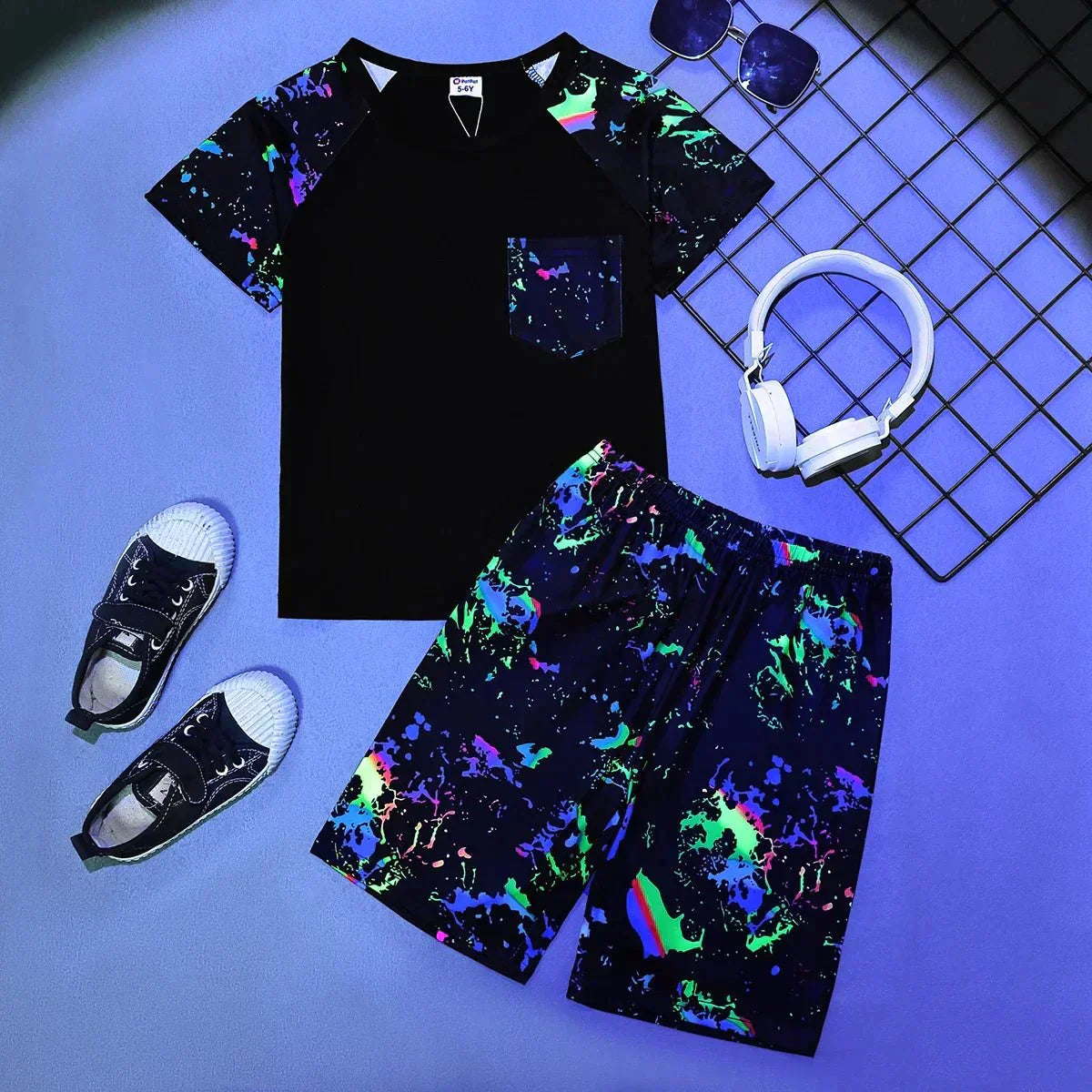 PatPat Boy Luminous Painting Print Pocket Tee & Shorts Set - Affordable streetwear  from swagstreet wear - Just £30.99! Shop now at swagstreet wear
