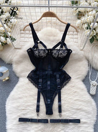 Thumbnail for Sheer Lace Patchwork Bodysuit - Sexy Slim Fit Romper for Women - Affordable streetwear  from swagstreet wear - Just £30.99! Shop now at swagstreet wear