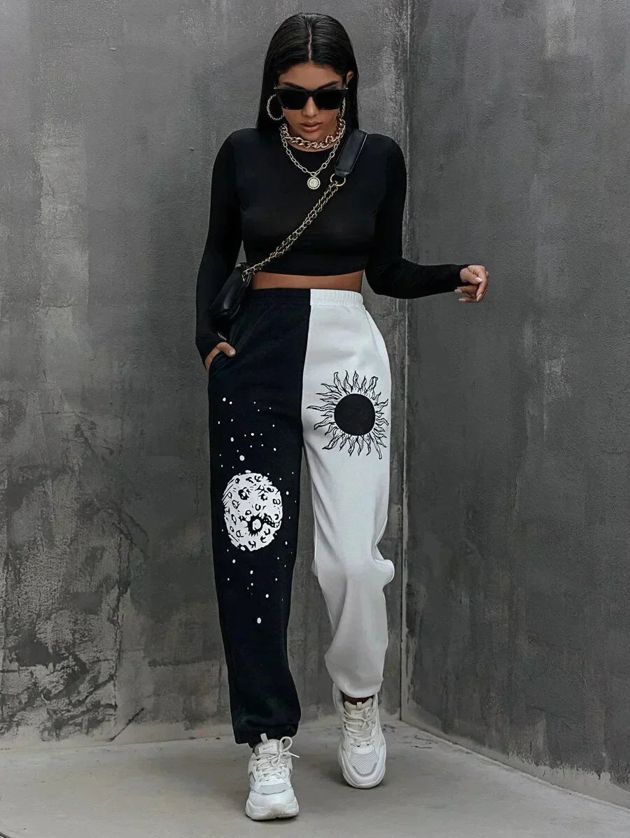 ZSSKASL Sun Moon Graphic Print Punk Trousers 🌞🌙 - Affordable streetwear  from swagstreet wear - Just £27.99! Shop now at swagstreet wear
